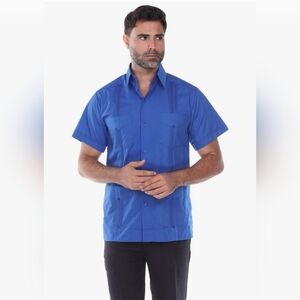 Mojito Men's Classic Four-Pocket Guayabera Shirt Linen Short Sleeve Blue Size M